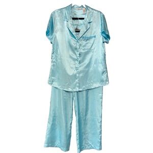 Adonna Womens Pajama Set Size L Blue Satin Polka Dot‎ Short Sleeve Top Pants 2pc